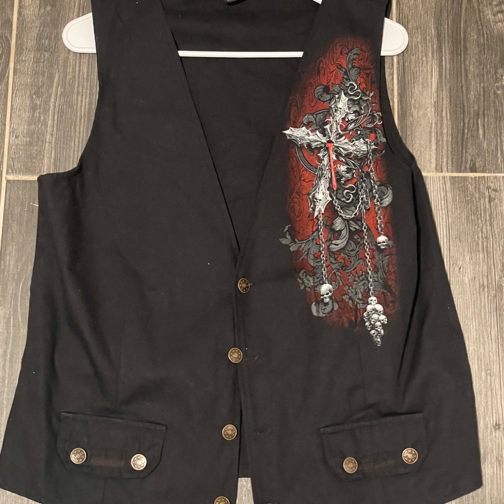 Men's Black Vest with Red and Silver Design